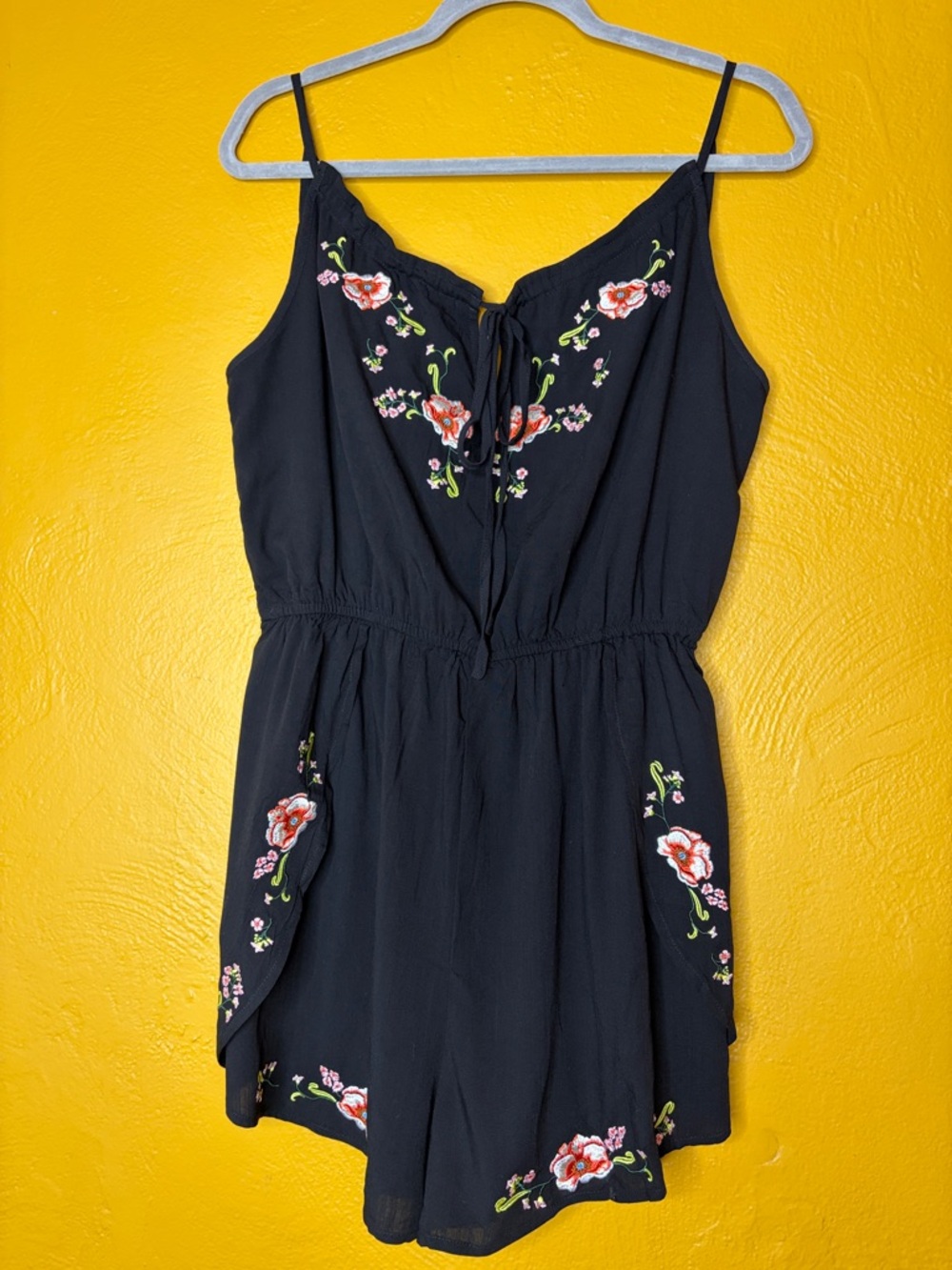 Popvil Black Floral Embroidered Romper Shorts Boho Festival NWT M